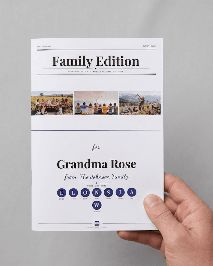 A printed Family Edition newspaper, held in hand, showing the cover addressed to Grandma Rose