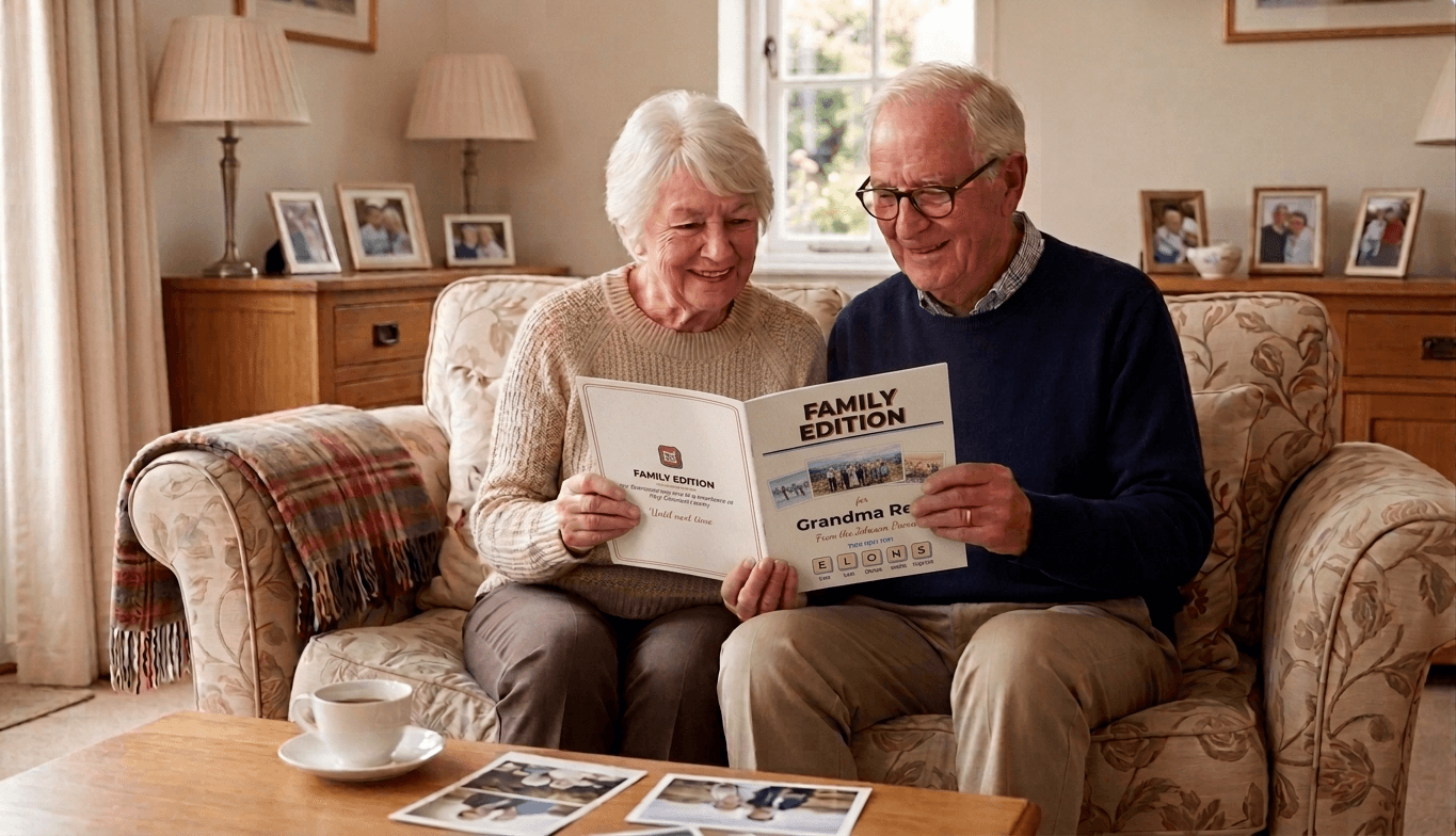Grandparents joyfully looking at printed photos from Family Edition